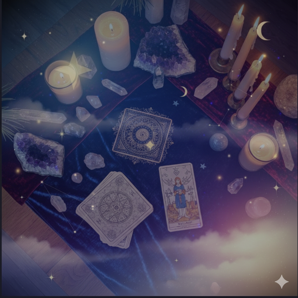 Cartas de Tarot dispuestas artísticamente para una lectura evolutiva